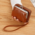 Vintage brown leather coin purse with double layer metal clasp and zipper wristlet - Tan