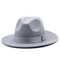 Detail of grey wool felt fedora featuring a droplet crown and satin ribbon band - Light Gray
