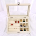 Three-layer beige velvet jewelry organizer box with clear window and metal clasp - Beige 9 Grids