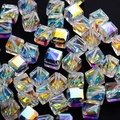 Polished cube crystal glass beads with aurora AB coating for DIY jewelry making - Slanted Hole Aurora AB