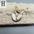 Macro-opname van ovale schelpbloem hanger met goudkleurig bloemmotief en parelglans - Stijl H