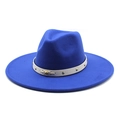 Close-up of royal blue wool fedora hat with beige leather strap and metal rivet accents - M(56-58cm) / Blue