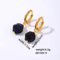 Geometric gold circle earrings with blue sandstone pendants measuring 3.5cm in length - Blue Goldstone