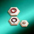 Three-piece hexagonal wooden jewelry display stands with white velvet lining inserts - White PU