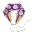 Macro shot of purple knit floral headband featuring handmade crochet daisy patterns - Dark Purple