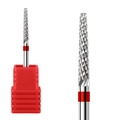 Macro shot of silver alloy nail drill bit with cross-cut texture on a red base - Needle Nail Drill Bit 04F