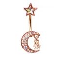 Rose gold navel ring with star and moon charms featuring colorful zircon stones - Star Moon Pendant Style (#4)