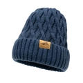 Men's navy blue cable-knit beanie with fleece lining and faux leather patch detail - Blue