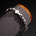 Silver beaded bracelet featuring a polished cross charm and textured knurled metal beads - Steel Color Cross Pineapple Beads Bracelet