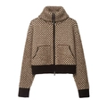 Chaqueta bomber de punto para mujer con estampado jacquard de corazones marrones - S / Cuadrícula pequeña marrón