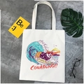 Kawaii Corgi surfing cartoon print canvas tote bag in off-white with Cowabunga text - Corgi Cowabunga Surfing