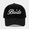 Close-up of white cursive Bride embroidery on a black corduroy baseball cap - Adjustable / Bride Black