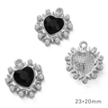Y2K heart pendant in silver with black gemstone and white pearl border, size 23x20mm - AB Pearl Heart Silver Black Rhinestone