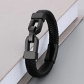 Men's minimalist black braided leather bracelet with a unique U-shaped metal buckle clasp - Style D Black