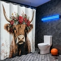 Close-up of waterproof Christmas shower curtain featuring a Highland cow with festive wreath - Christmas Highland Cow/90*180CM