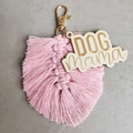 Detail of pink cotton macrame feather charm with engraved wood Dog Mama tag - Flesh Pink
