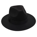 Close-up of a classic black wide-brim wool felt fedora hat with a satin ribbon decoration - One Size / Black