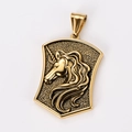 Gold plated stainless steel shield pendant with polished unicorn relief detail - Unicorn Relief (Pendant Gold Style 8)