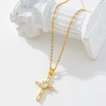 Gold plated cross necklace with heart and rectangular zircon on a white pedestal - Gold/Heart Gemstone Cross/V