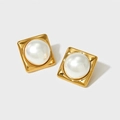 Vintage gold square pearl stud earrings made of 316 stainless steel with a high gloss finish - Gold Square Earrings D2873