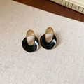 Retro geometric black enamel earrings with gold trim on beige textured fabric - Gold-Black Square