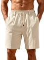 Beigefarbene Herren-Shorts aus Waffelstrick mit elastischem Kordelzug und Taschen - S / Beige