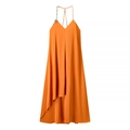 Elegant orange satin maxi dress with V-neck, metal star chains, and asymmetric hemline - S / Orange Red