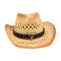 Straw cowboy hat with ethnic band and silver bull head detail in natural beige - One Size / Khaki 1 (Colorful Bull)