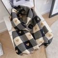 Maillard black and white plaid scarf with brown heart patterns and fringed edges - Heart Plaid Black Rice