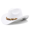 Close-up of white wool cowboy hat with distinctive wooden beaded band detail - White