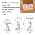 Three-piece set of transparent glass Roman pillar candle holders in 8.5, 11, and 14cm heights - Set of 3 / Clear