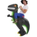 Black and green inflatable T-Rex dinosaur costume with rider design for adults - Riding The Black Dragon / One Size