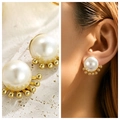 Elegant gold titanium earrings with large white pearls and a golden beaded fan base - 31# Large Pearl Fan Base