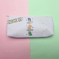 Close-up of cute cartoon dinosaur pattern and zipper on light purple stationery pencil case - Dinosaur - Pink