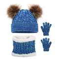 Kids winter set with blue-green knit beanie, fluffy pom-poms, scarf, and gloves - Blue