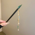Elegant black wood hair stick with green leaves and pearl tassel details - 35# Green (Leaf Metal Tassel)