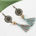 Bohemian long tassel earrings with bronze ethnic motifs and beige beads for travel - Antique Cyan Tassel Earrings (S3829)