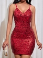 Mini abito rosso scintillante con paillettes e spalline sottili per feste glamour - Taglia S / Rosso