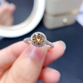 Champagne round moissanite ring with halo setting and pavé band in silver finish - Adjustable Open / 2 Carat Champagne Zirconia