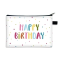 White canvas pouch with colorful Happy Birthday print and polka dots for makeup and pens - Colorful Caps Dots Style (22)