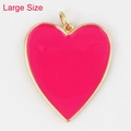 Pink heart pendant in large size with golden frame and enamel detail for necklace - Rose Red Heart Style (K06 Heart Rose Red)