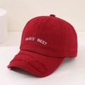 Detail of red cotton baseball cap with white PARIS BEST embroidery and distressed brim - 52cm (Recommended 3-8 Years) / Red