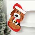 Christmas stocking with brown cartoon dog plush and Woof Woof print on red fabric - Christmas Dog Style