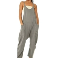Detail view of grey sleeveless loose jumpsuit featuring a V-neckline and large side pockets - Dark Gray