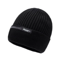 Black ribbed knit beanie with Narason leather patch for winter warmth and protection - Black