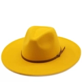 Vibrant yellow wide-brimmed wool fedora hat with a brown leather decorative belt strap - Yellow