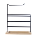 3-tier black metal earring holder with wooden base tray for jewelry display - Black