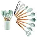 12-piece mint green silicone kitchen utensil set with ergonomic wooden handles and storage bucket - Small Bucket Compact Style / Aqua Green