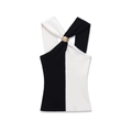 Knitted halter top with black and white contrast design and golden ring detail - S / Black and White Patchwork