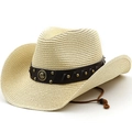 Opvouwbare strooien cowboyhoed voor heren met lederen band en kinband voor zonwering - M (56-58cm) / Beige